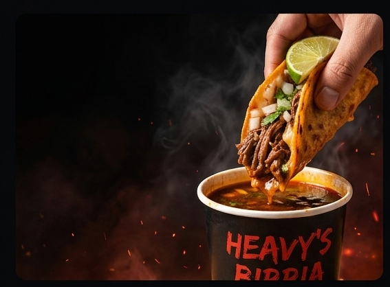 Heavy's Birria taco dipped in consommé